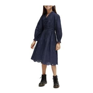 Scotch & Soda Dress Girls 14 Navy Eyelet Star Ruffle Scallop Hem Organic Cotton